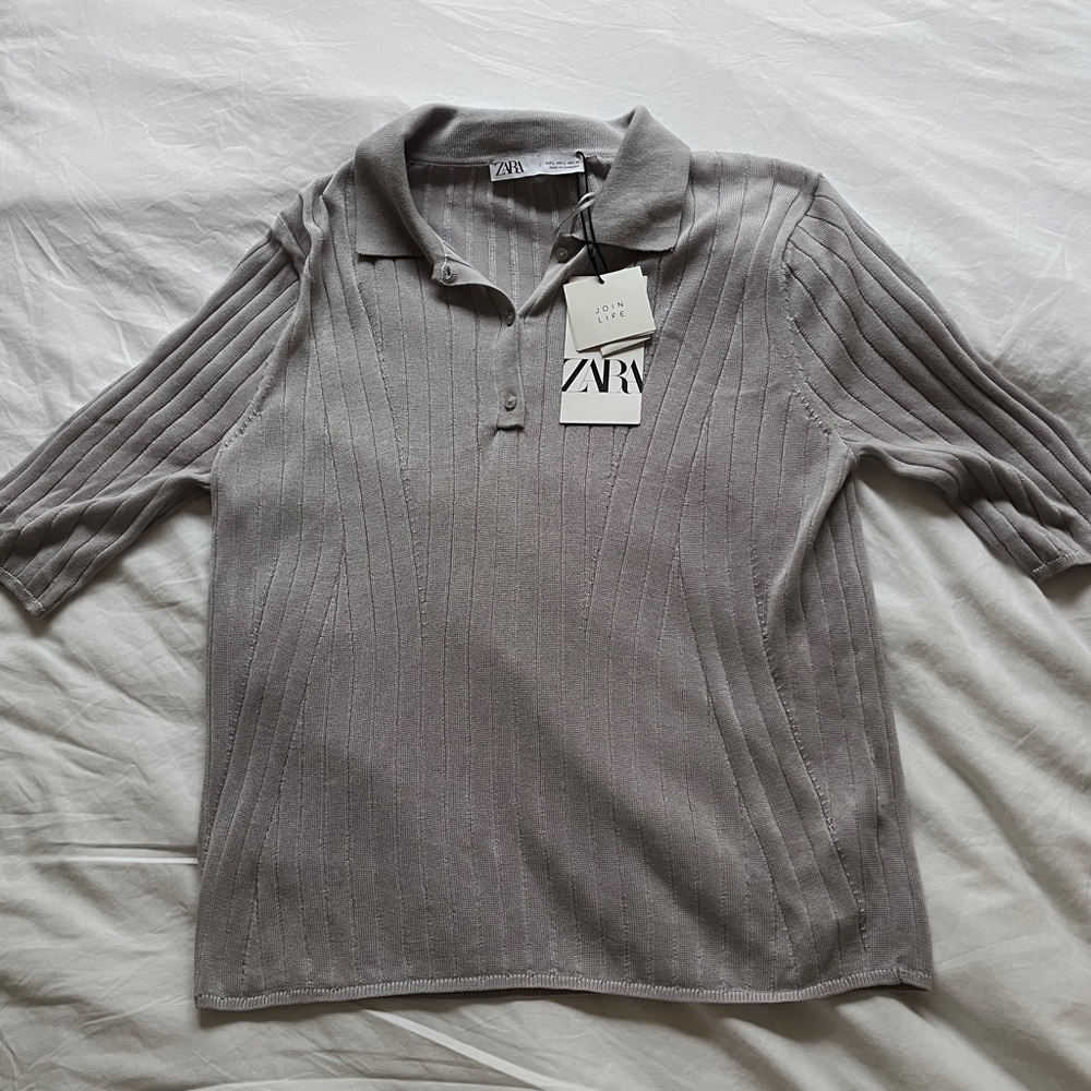 zara gray ribbed polo shirt